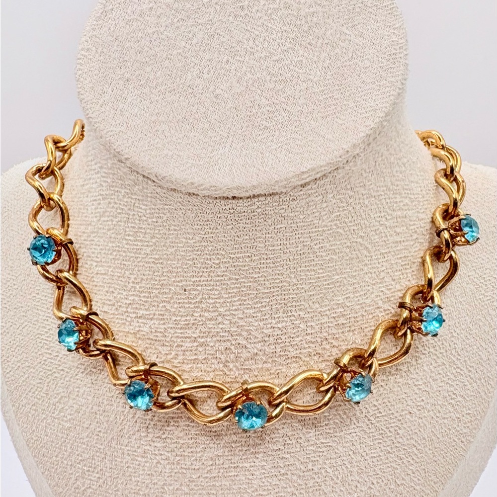 Vintage 50s Gold Tone Blue Rhinestone Choker Necklace